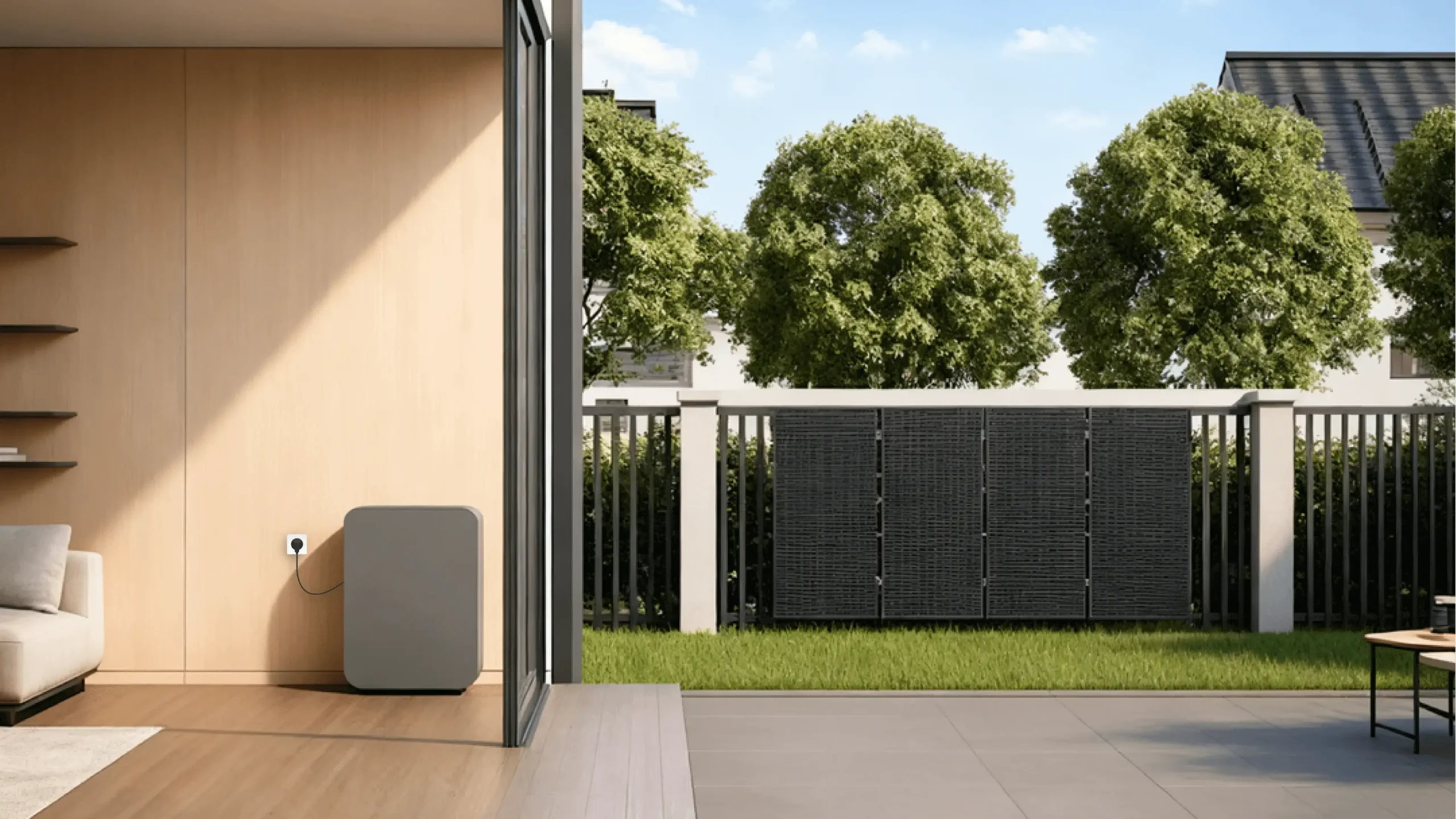 The Batterlution PowerGo Series energy storage system is positioned indoors by a window, connected to a wall outlet. Through the glass door, a residential rooftop with four black solar panels is visible in the sunny backyard, illustrating a complete ac-coupled solar inverter and battery setup for modern home energy independence.