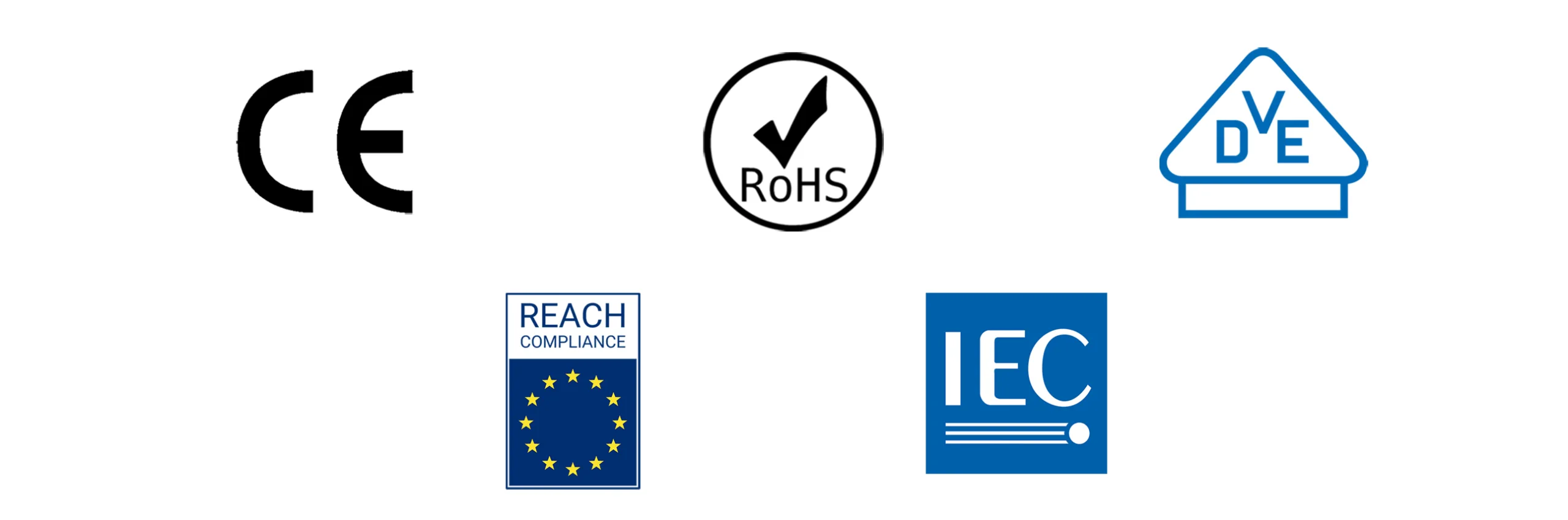 Official product certifications and compliance badges for the Batterlution PowerGo series, including the CE Mark (European Conformity), RoHS (Restriction of Hazardous Substances), DVE (German Electrical Association) certification, REACH compliance, and IEC (International Electrotechnical Commission) standards, demonstrating adherence to stringent international safety, environmental, and quality regulations.