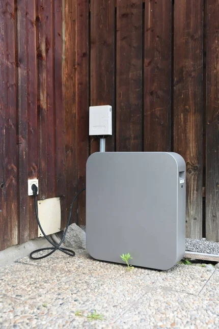 A grey, box-shaped AC plug-in system (Batterlution PowerGo 2,5 kWh)unit placed on a gravel ground in a residential backyard, connected via a black power cord to an outdoor electrical outlet mounted on a dark brown wooden fence. The simple, functional design blends into the outdoor setting, illustrating a discreet and straightforward installation for home energy storage or backup power.