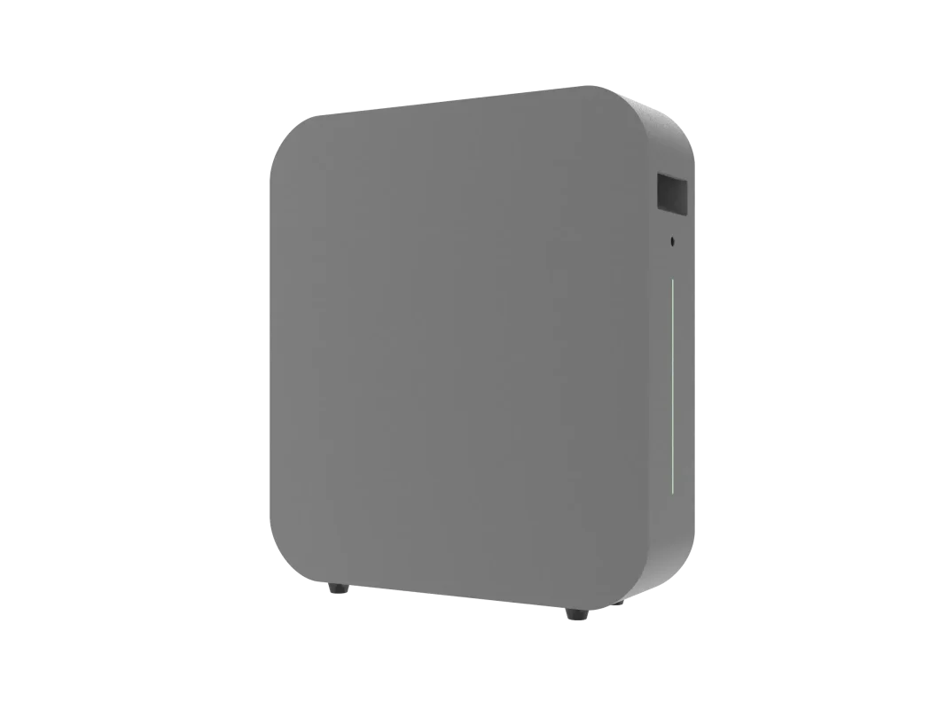 Batterlution PowerGo AC Battery shown at a 30-degree side angle, featuring a monolithic gray housing, a slim green status indicator light, a rectangular functional area, and a non-slip base.