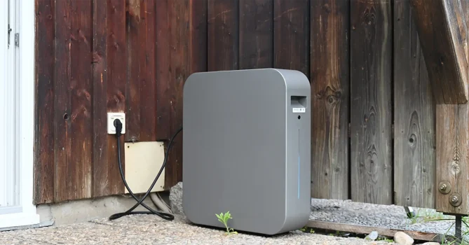 A portable Batterlution PowerGo Series AC Plug-In battery ESS unit with a glowing blue LED status bar, positioned outdoors on gravel ground against a wooden wall. It is connected to an outdoor electrical outlet, ready to provide on-demand AC power for tools, electronics, or as backup in off-grid or outdoor living situations.